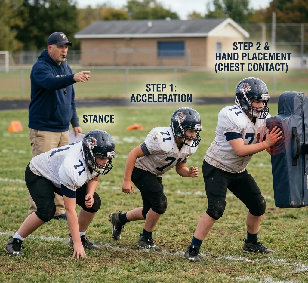 football blocking technique stance first step hand placement