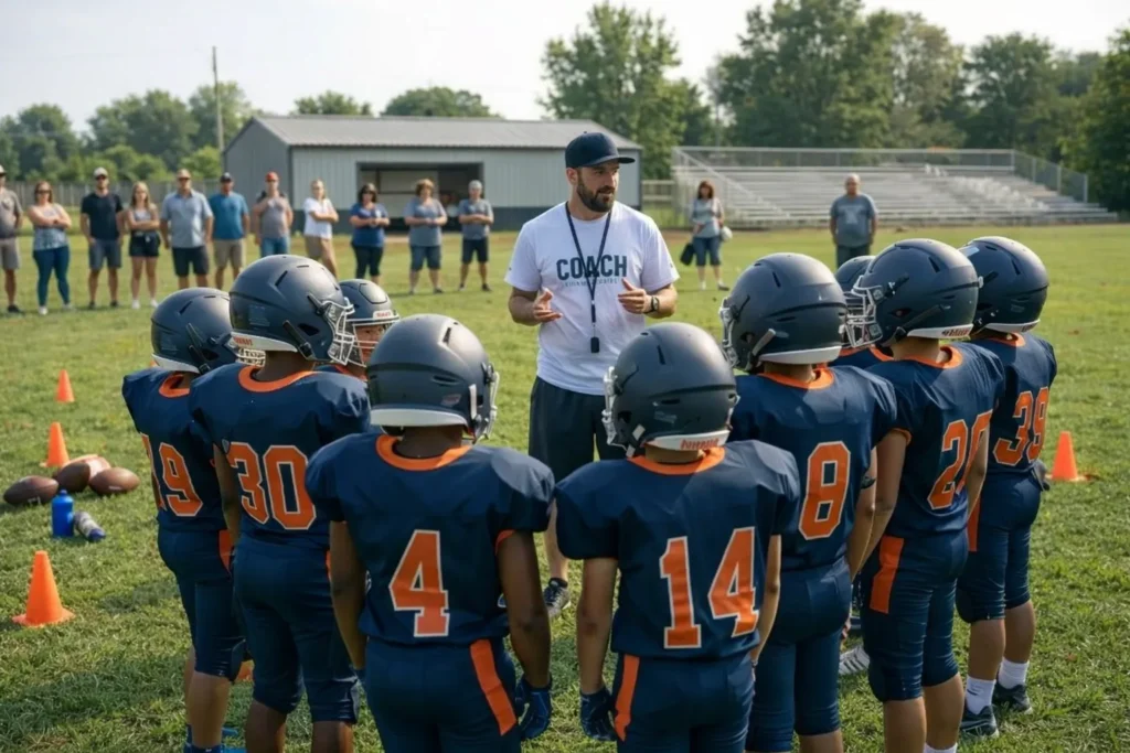 first day football practice drills with youth team and coach