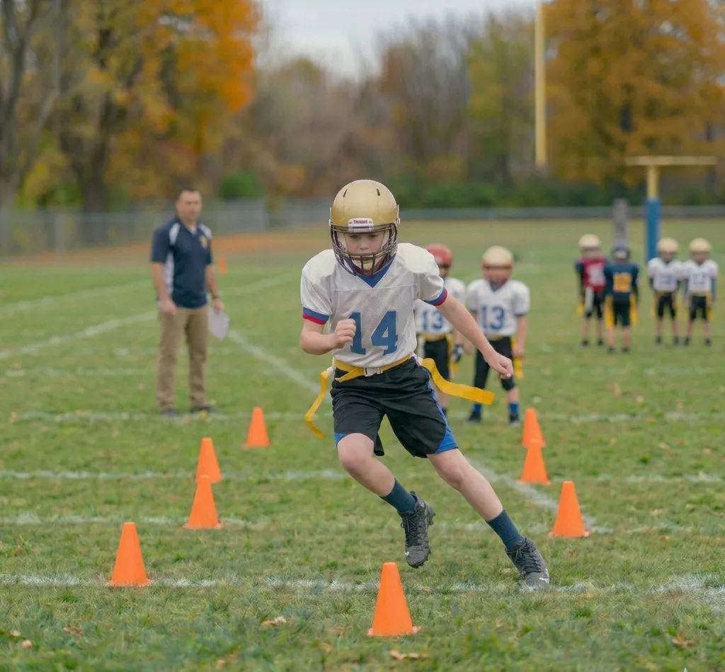 youth football player running cone agility drill