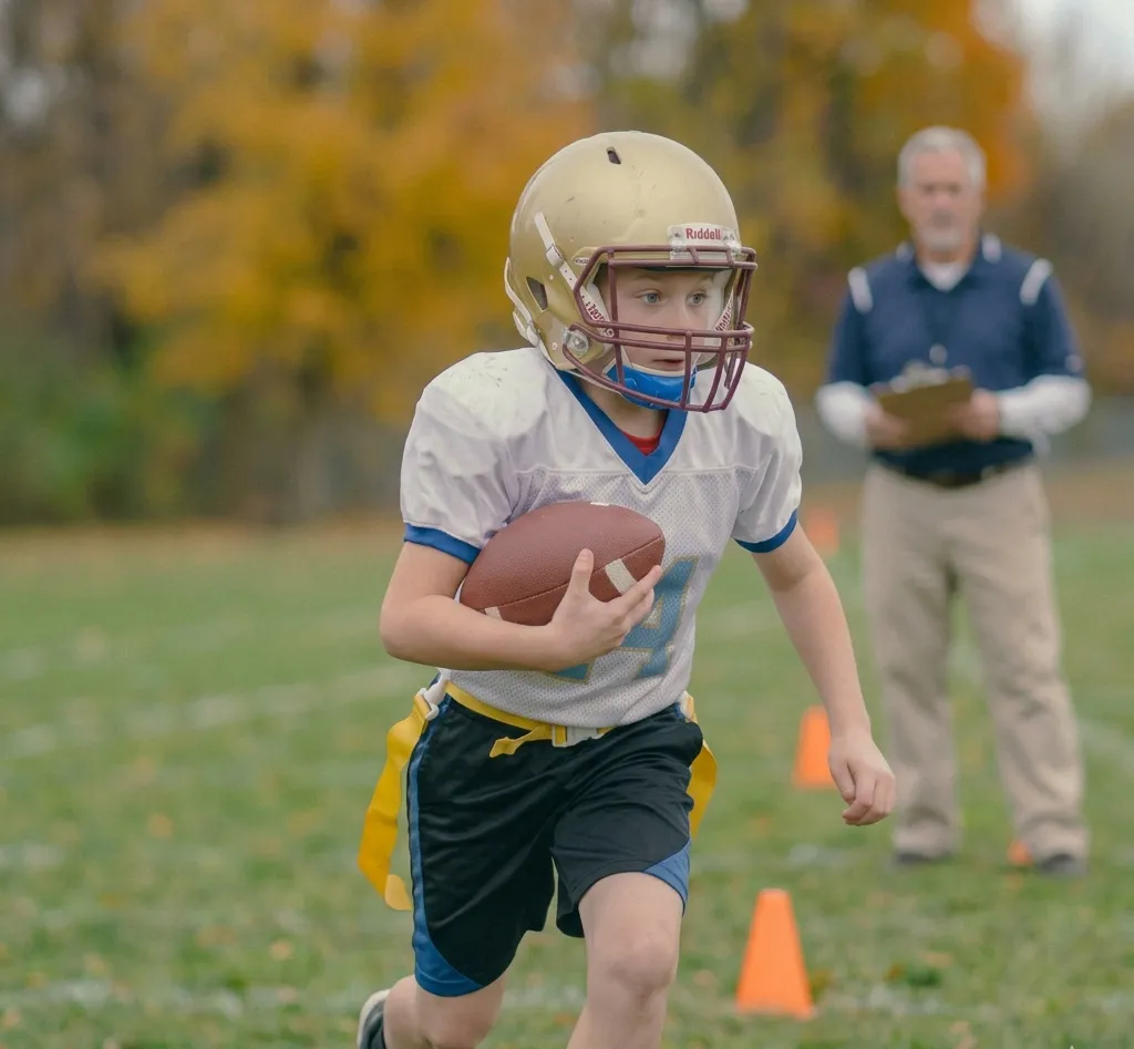 football player holding ball high and tight during drill