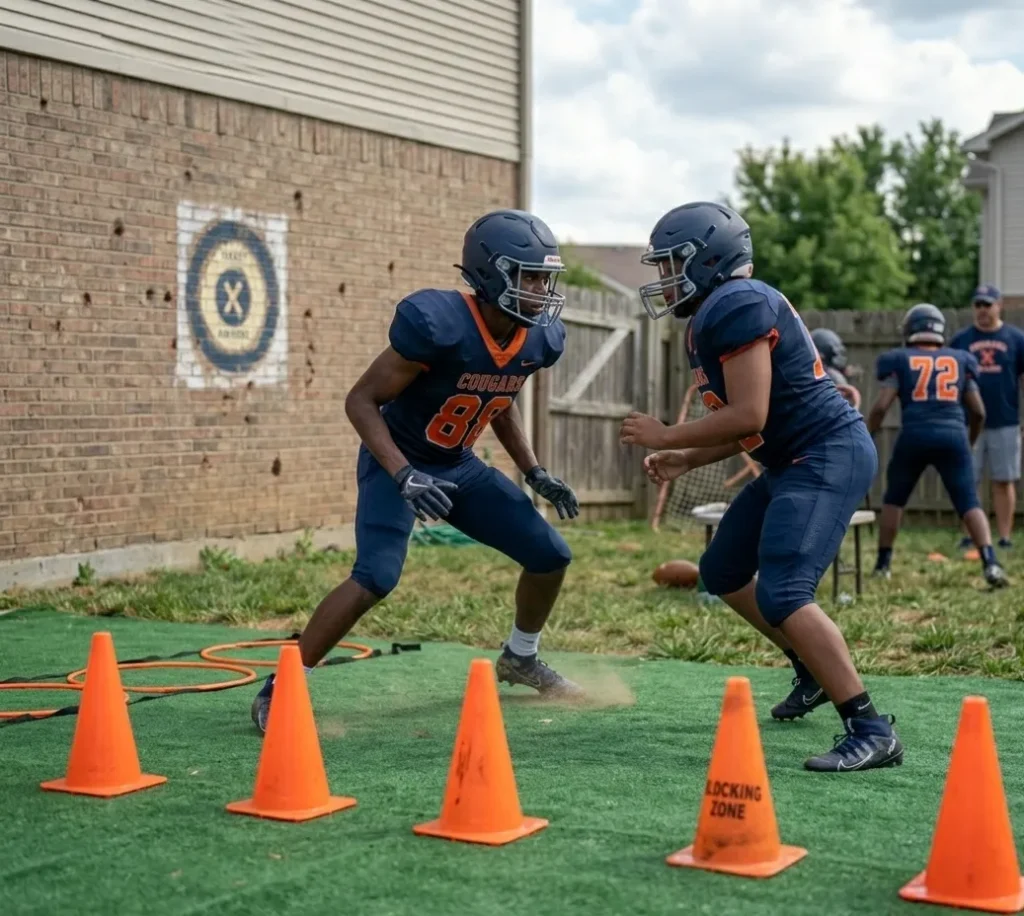 two players practicing football blocking drill