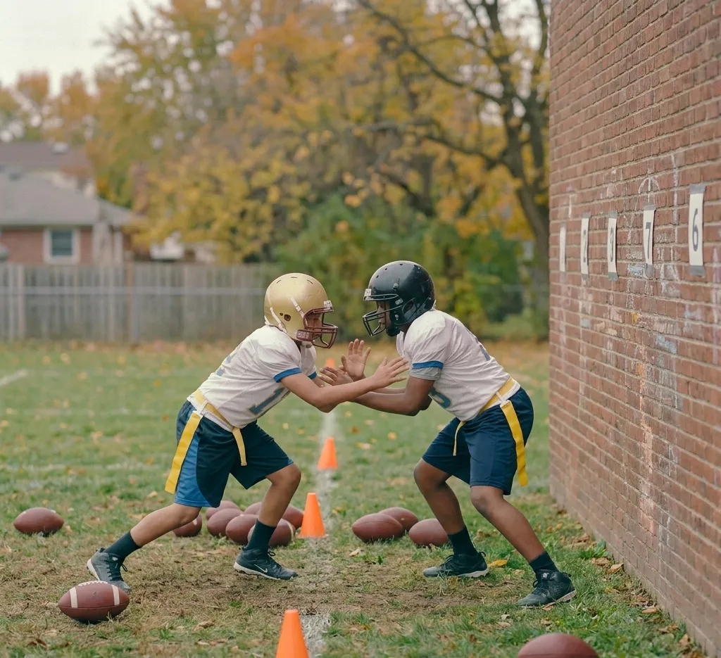two players practicing football blocking drill