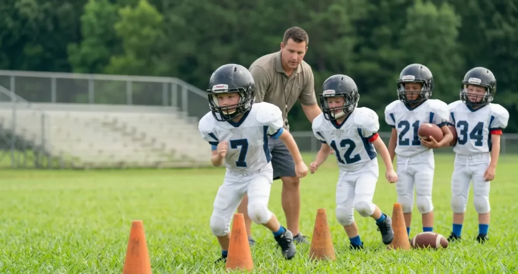youth football drills for ages 6-8 kids practicing with cones on field
