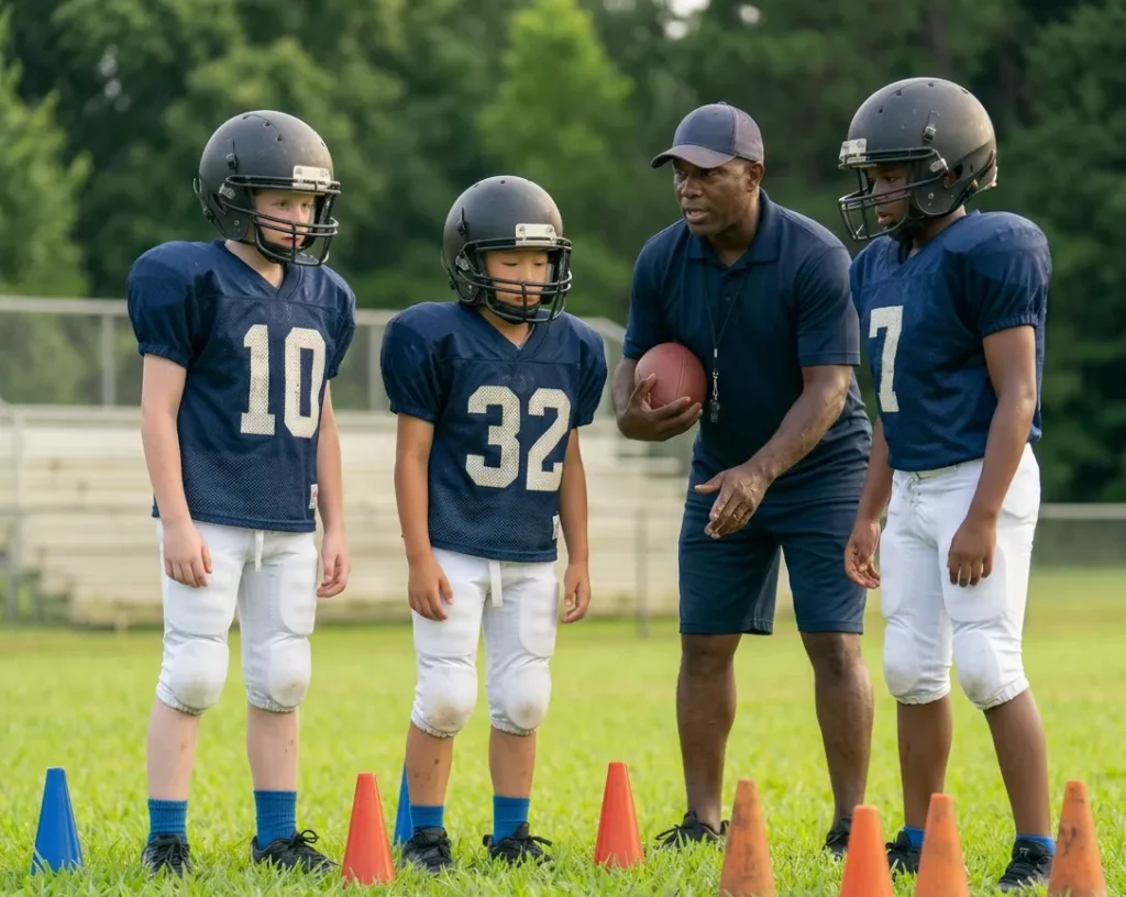 youth football players ages 9-12 practicing drills with coach on field