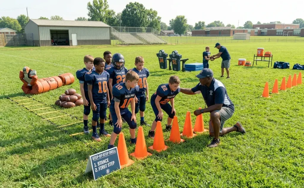 Football Drills Step by Step for Beginners (American Football Guide) football drills step by step for beginners practicing on field