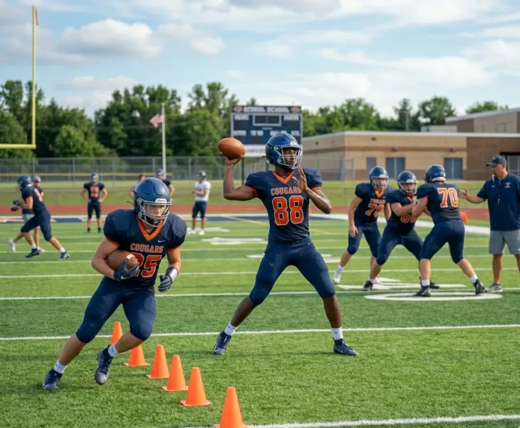 youth players practicing quarterback and receiver drills
