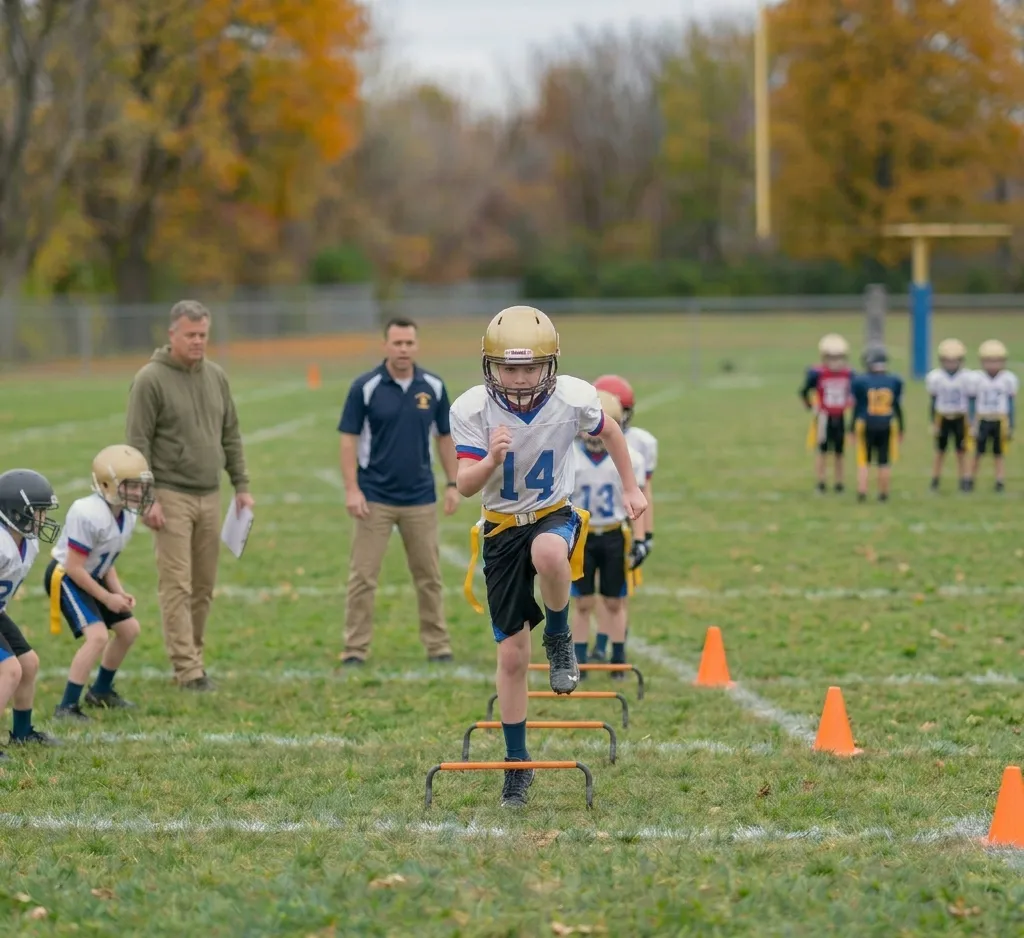 beginner football player doing high knees warm up drill