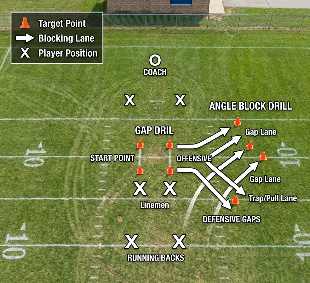 gap blocking drill cone setup aerial view football
