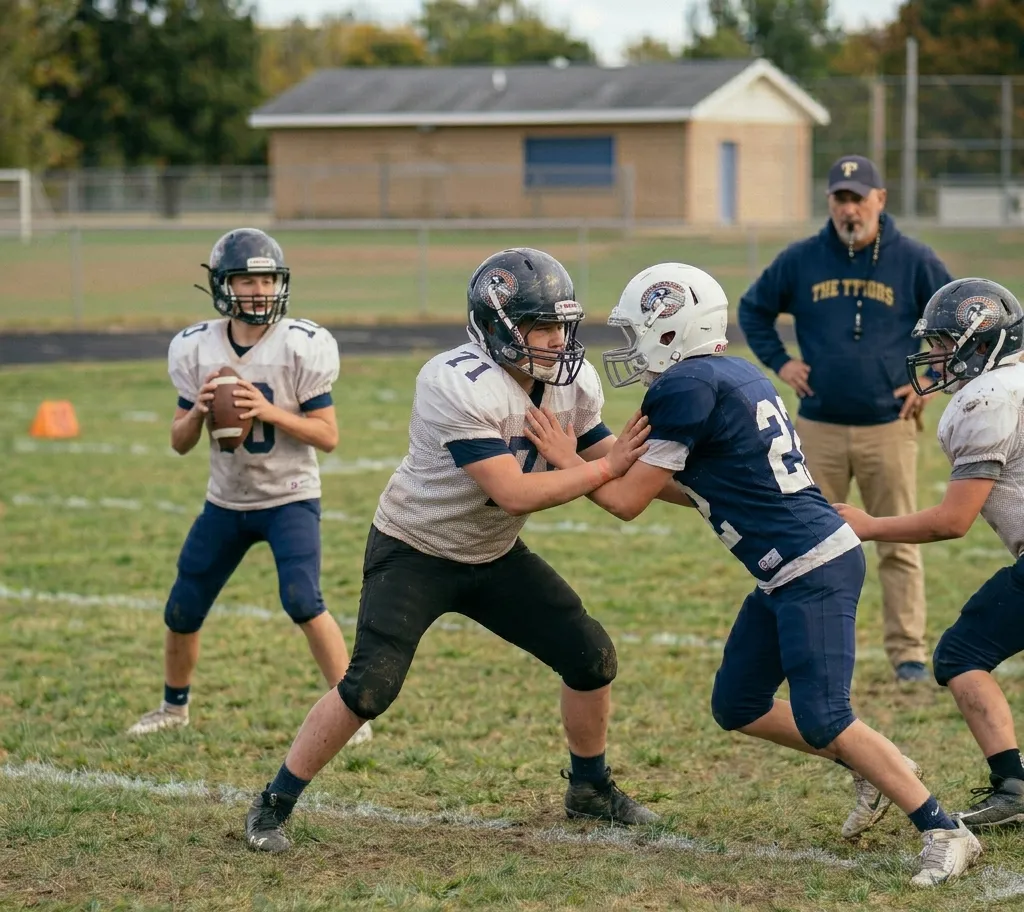 : youth football pass blocking drill protecting quarterback pocket