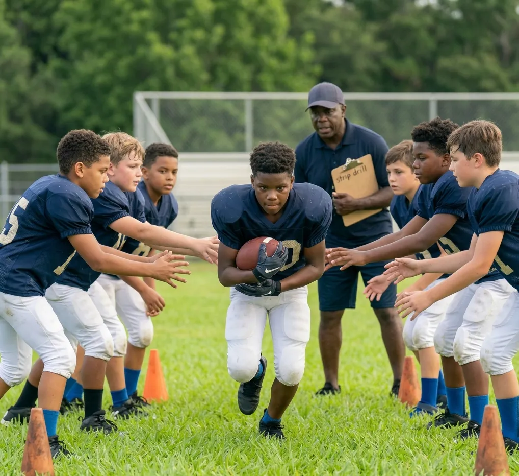 youth football gauntlet drill teaching ball security under pressure