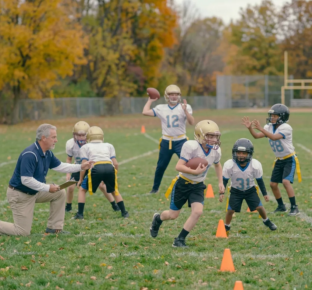 youth players practicing quarterback and receiver drills