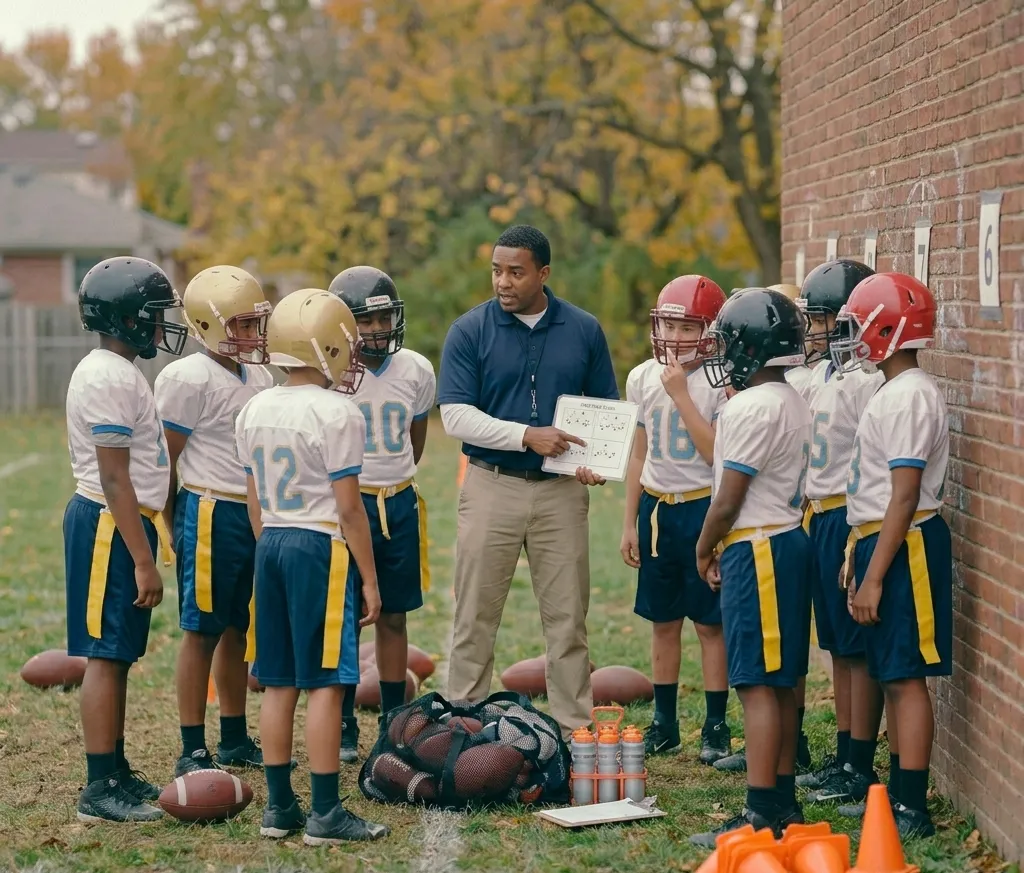 coach explaining football practice plan to youth players
