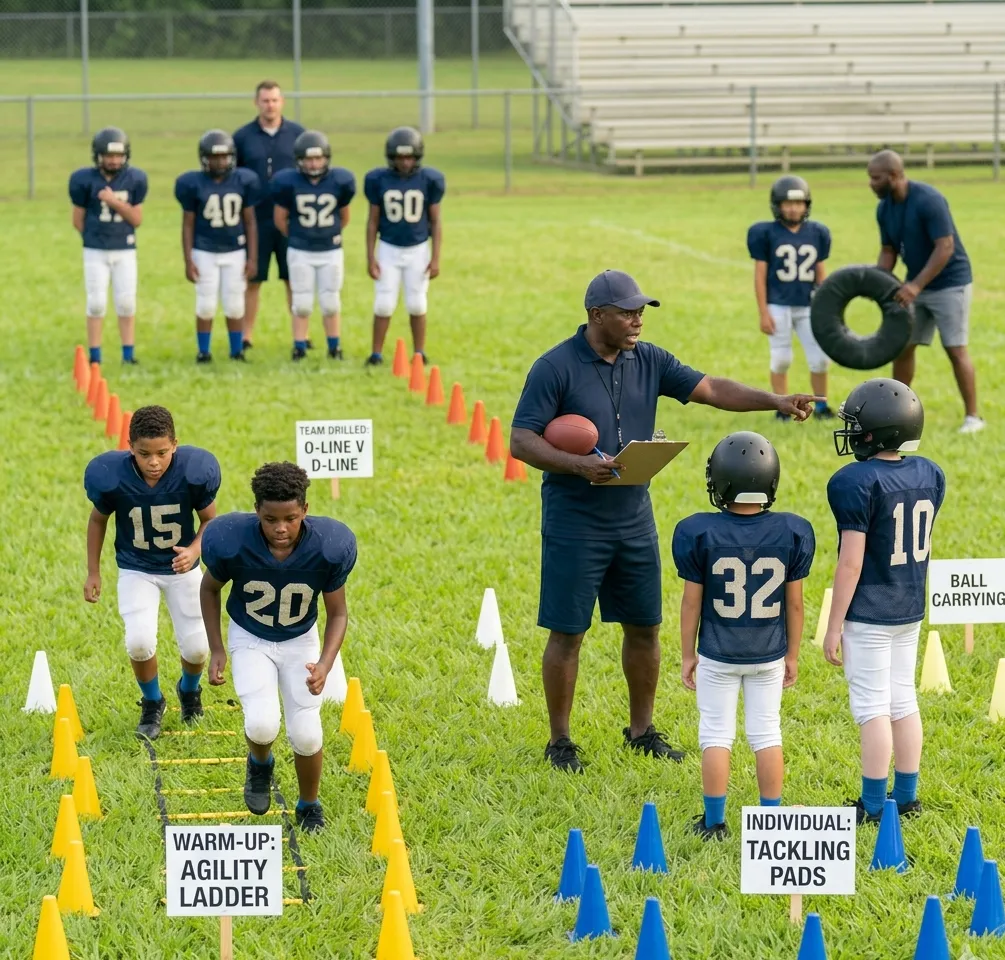 youth football practice structure with cones and drill stations