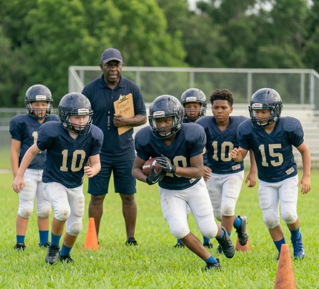 youth football players practicing pursuit angles during defensive drill