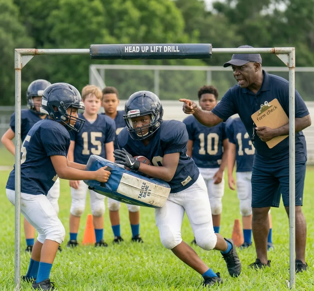 youth football tackling form drill under chute with coach supervision