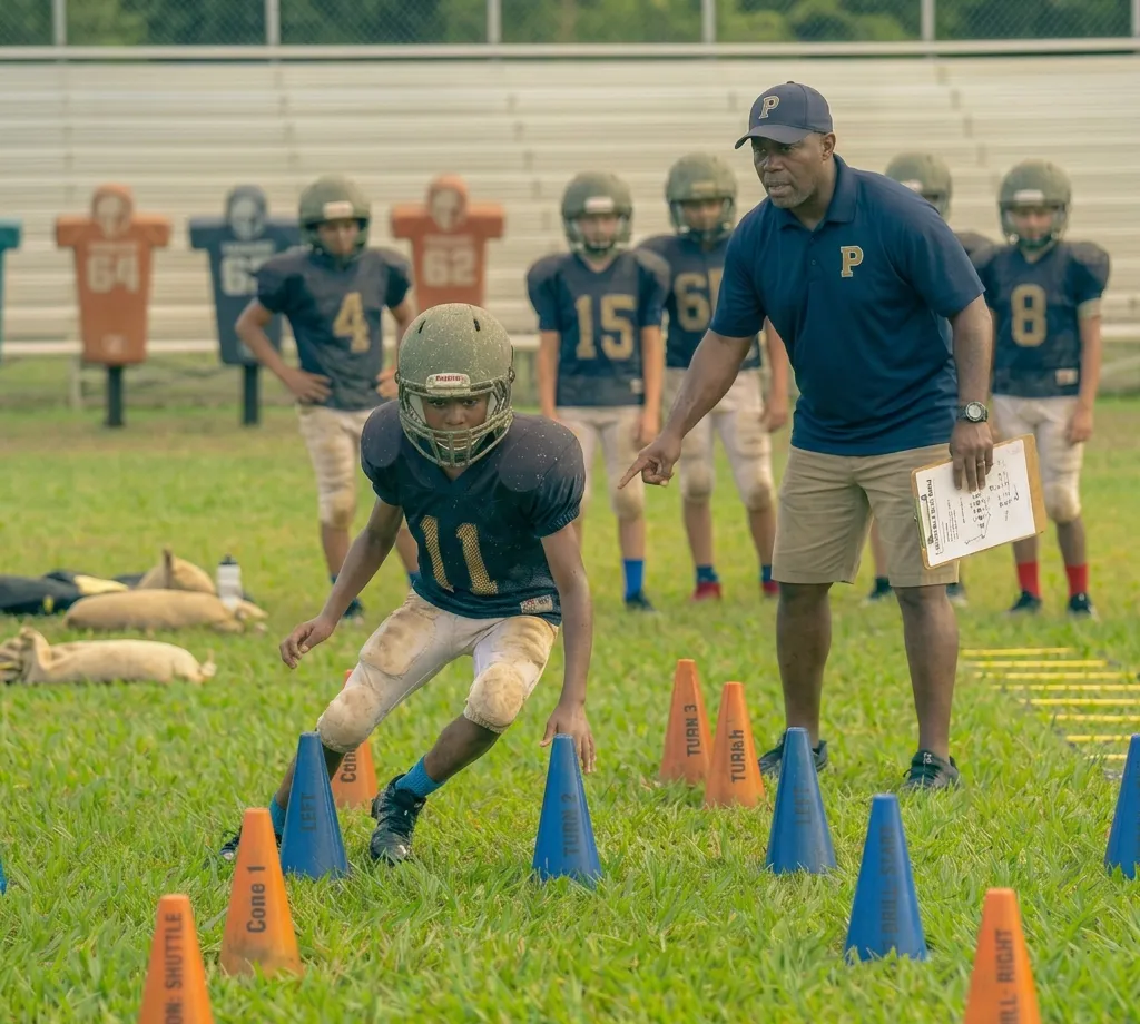 football player performing 4 corner cone drill with quick turns