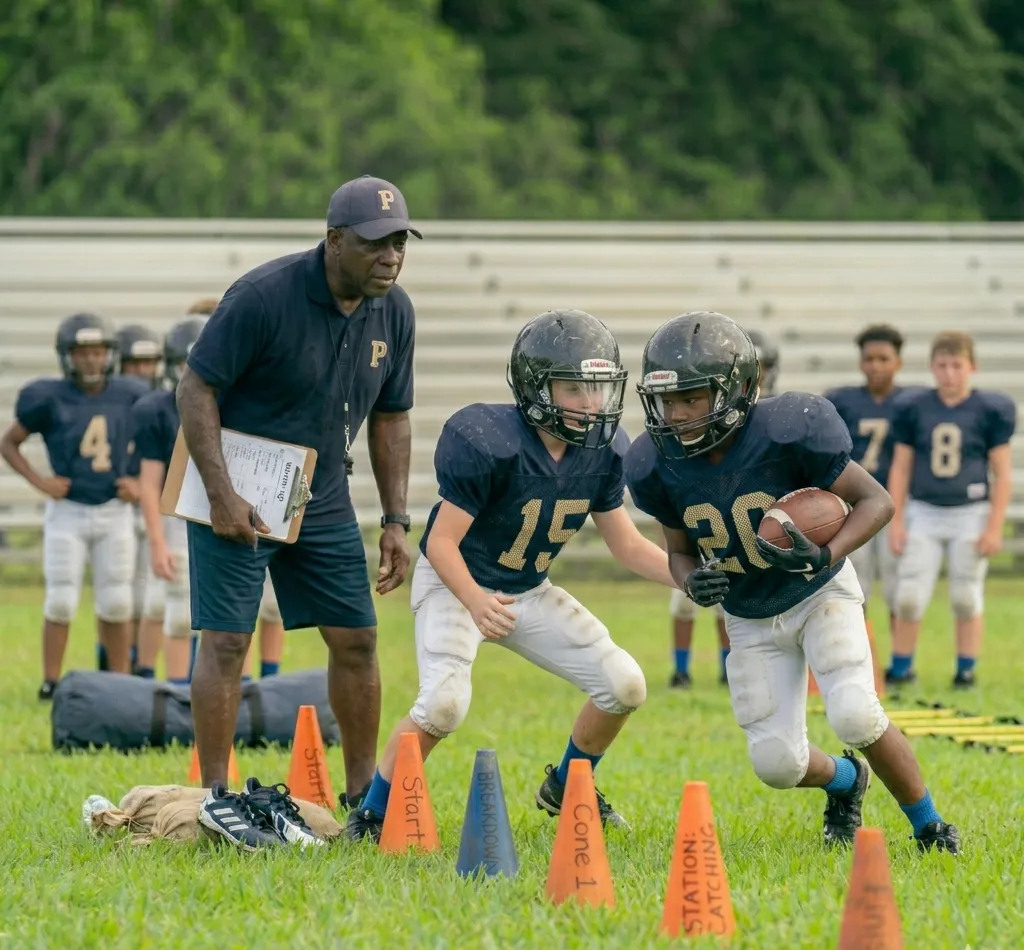 youth football angle tackling drill showing proper breakdown and tracking