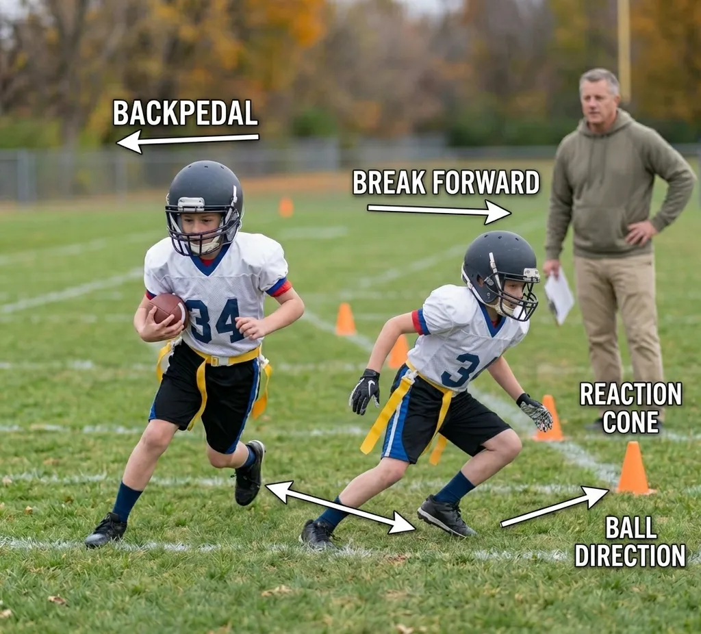 defensive back practicing backpedal and break drill for coverage