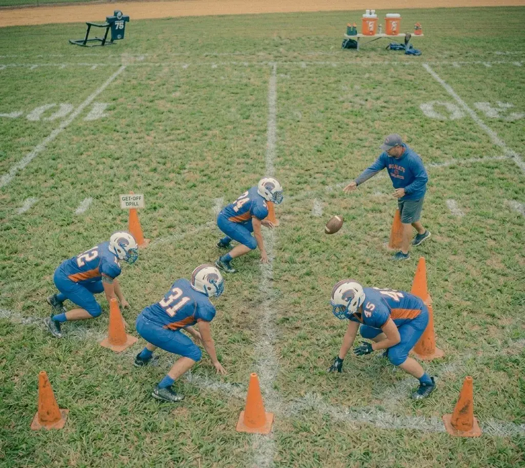 aerial view of defensive players reacting to football snap drill