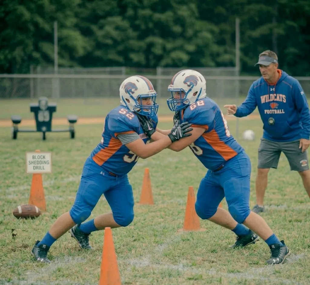 defensive lineman shedding block using hand technique in football drill
