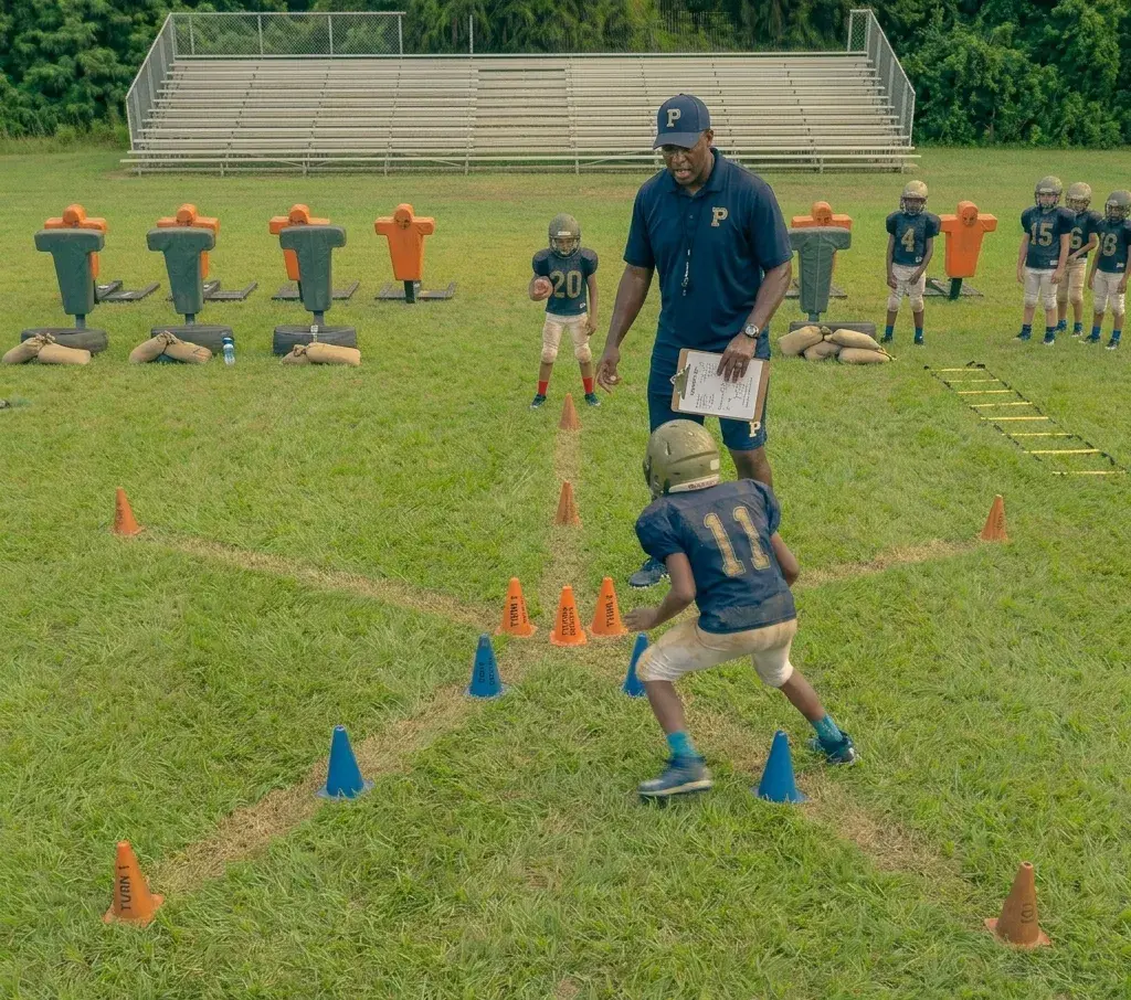 football player performing chair pattern cone drill with sharp turns