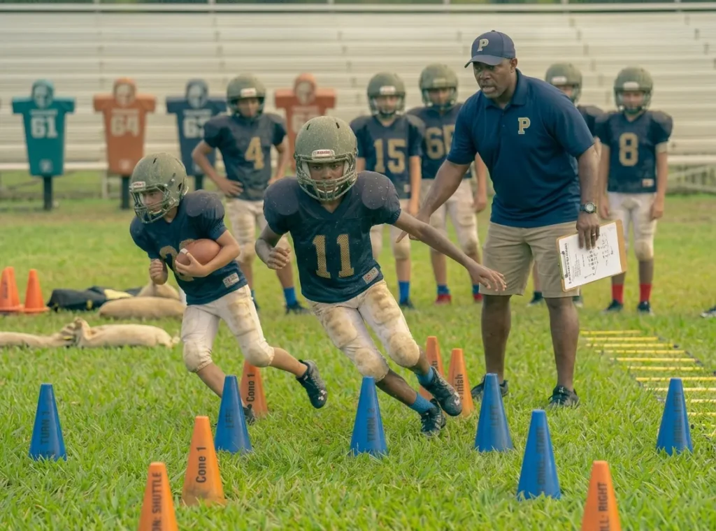 youth football players performing cone drills for speed and agility training