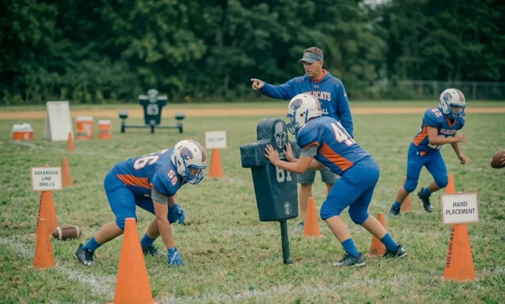 defensive line drills for beginners practicing get-off and hand placement on football field