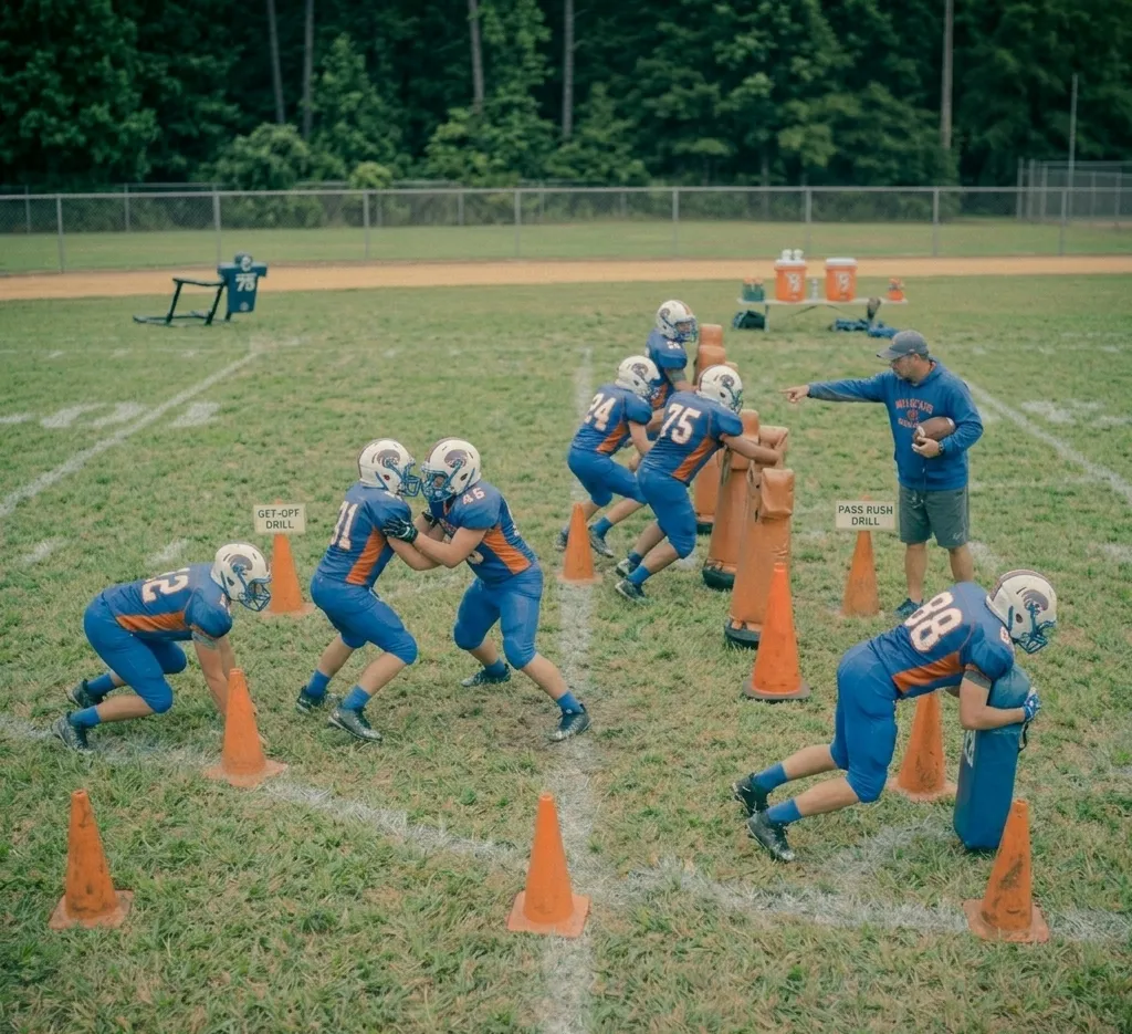 youth football team doing defensive line drills in structured practice session