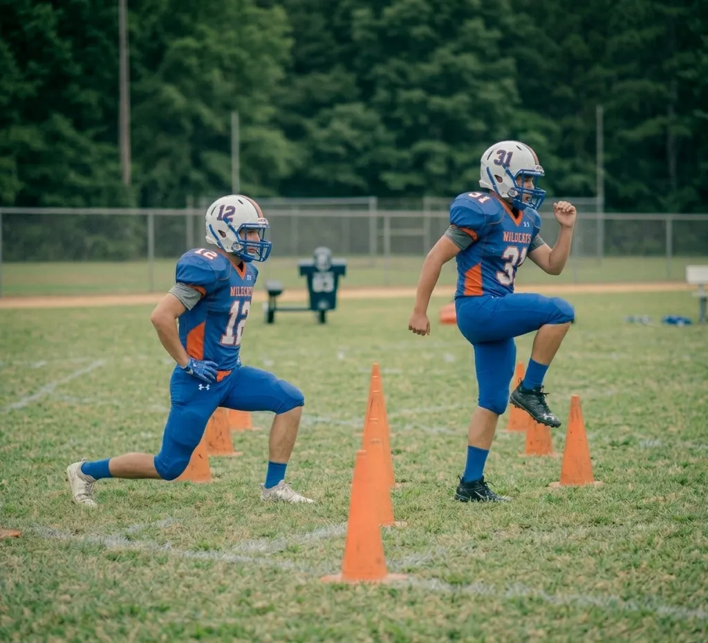 dynamic stretching exercises football beginners lunges high knees