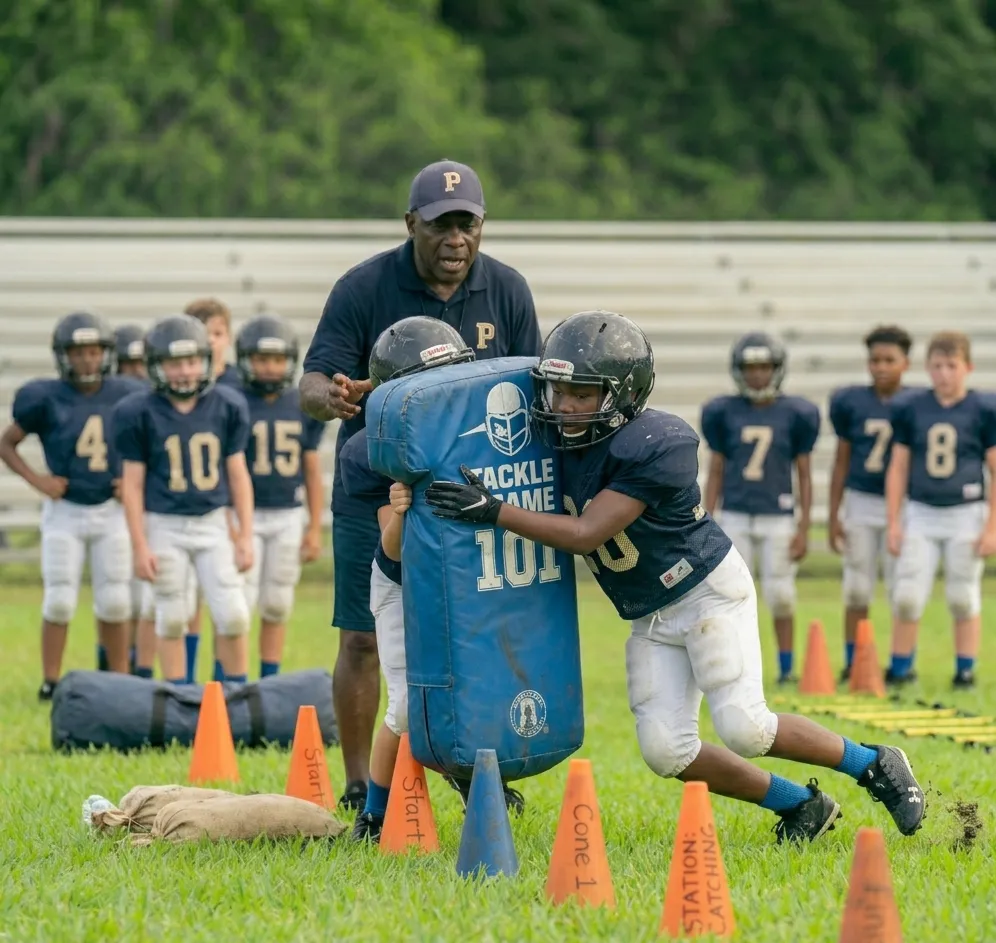 youth football fit and drive tackling drill using shoulder contact and leg drive