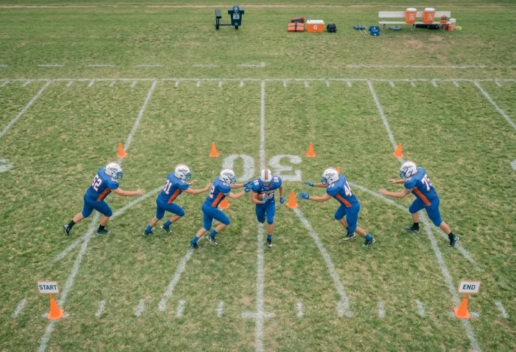 gauntlet drill football aerial view ball security practice