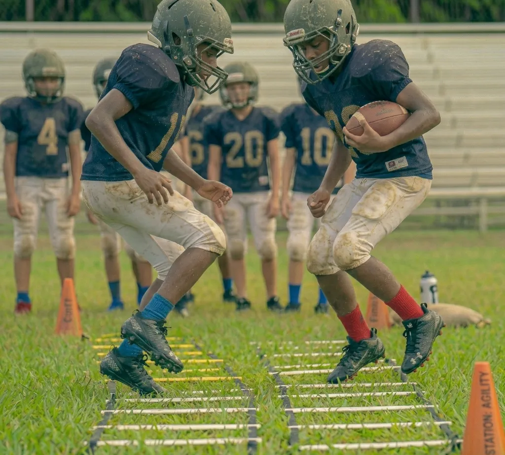 football player doing agility ladder quick feet drill