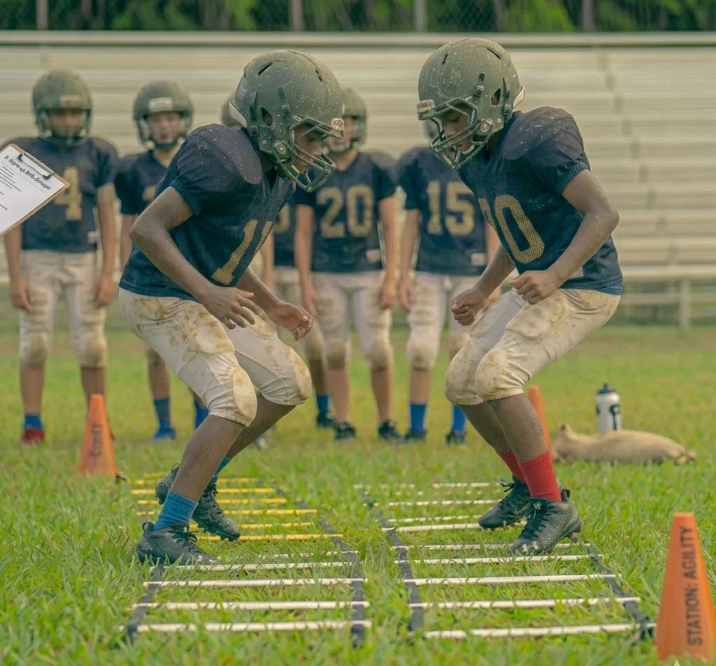 two football players performing mirror reaction drill