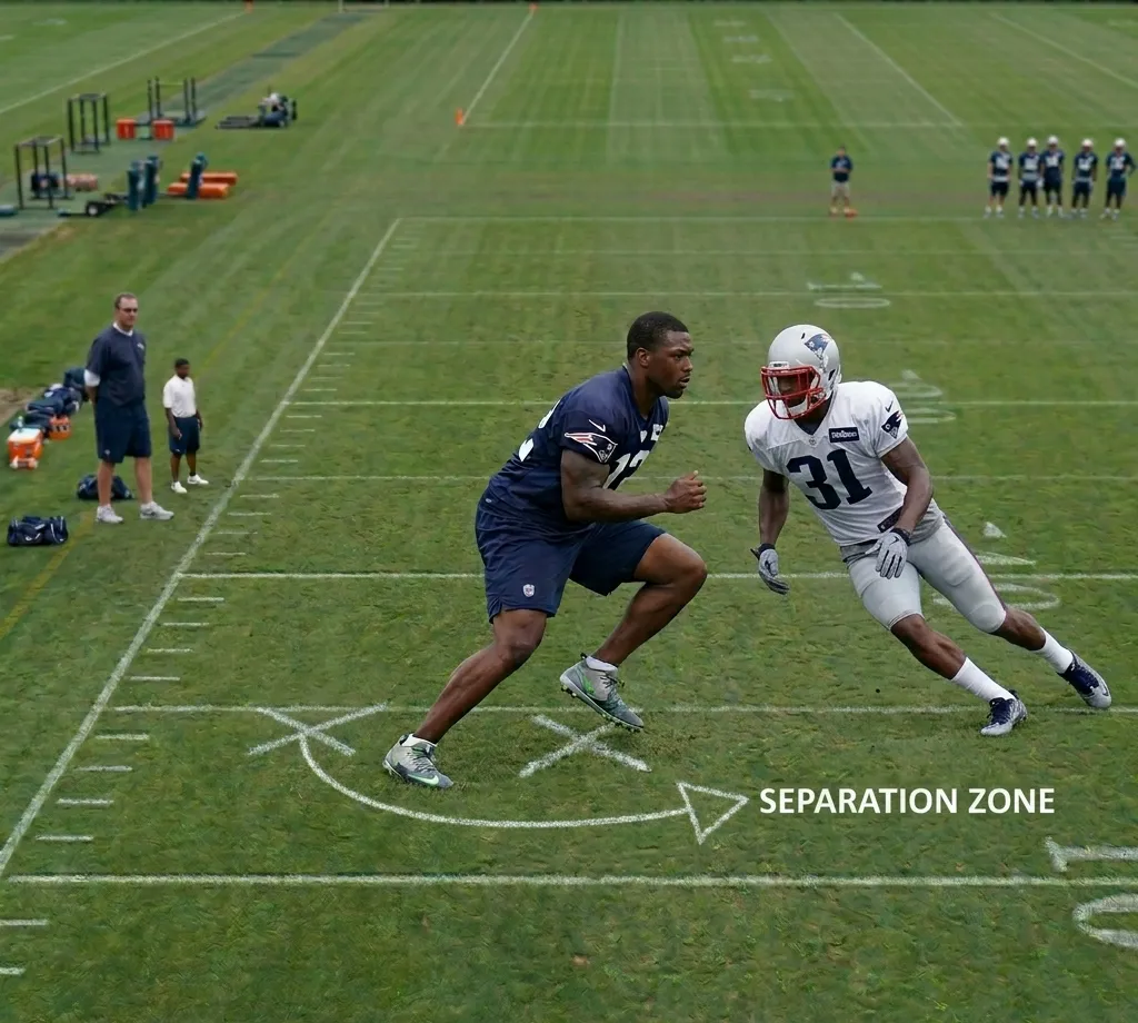 wide receiver and defensive back footwork drill route cut and reaction