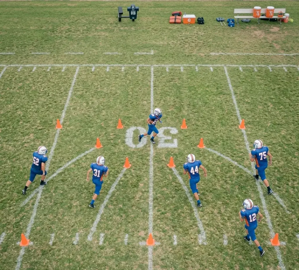 aerial view of football pursuit angles with defenders chasing ball carrier