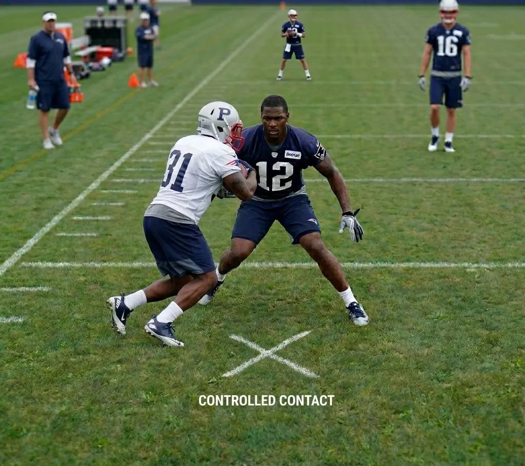football player demonstrating proper tackling technique with head up and arms wrapped