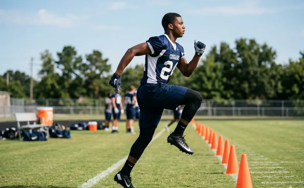 high knees football warmup drill before practice