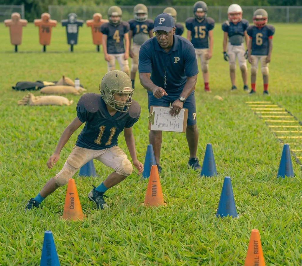 football player performing lateral box cone drill with side movement