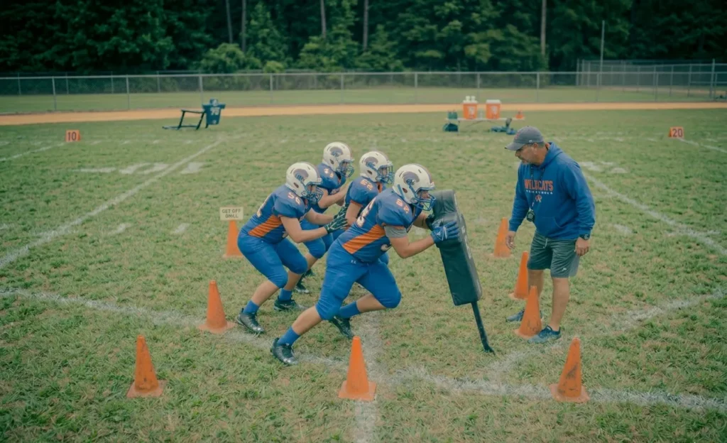 Offensive line drills for beginners showing stance and blocking technique