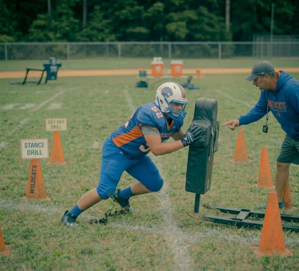 Offensive line drive block drill pushing sled with proper technique