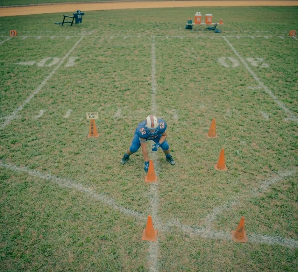 Offensive line footwork cone drill aerial view with player movement