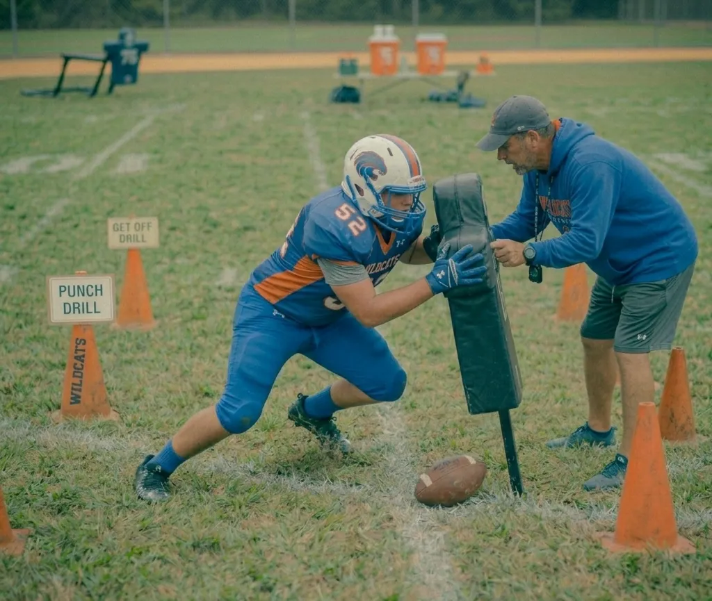 Offensive line punch drill showing correct hand placement on pad
