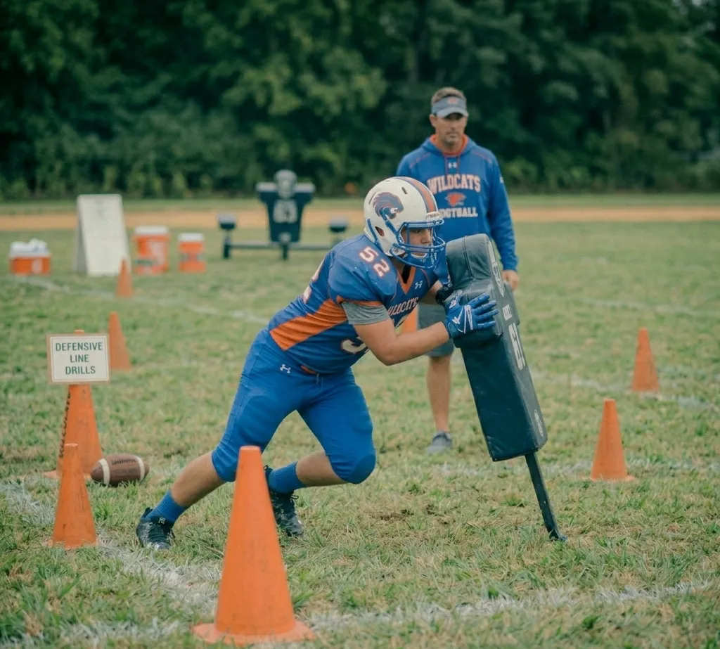 beginner defensive lineman using rip move in pass rush drill