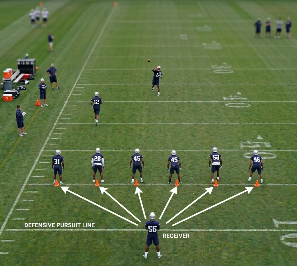 football pursuit drill aerial view player positioning