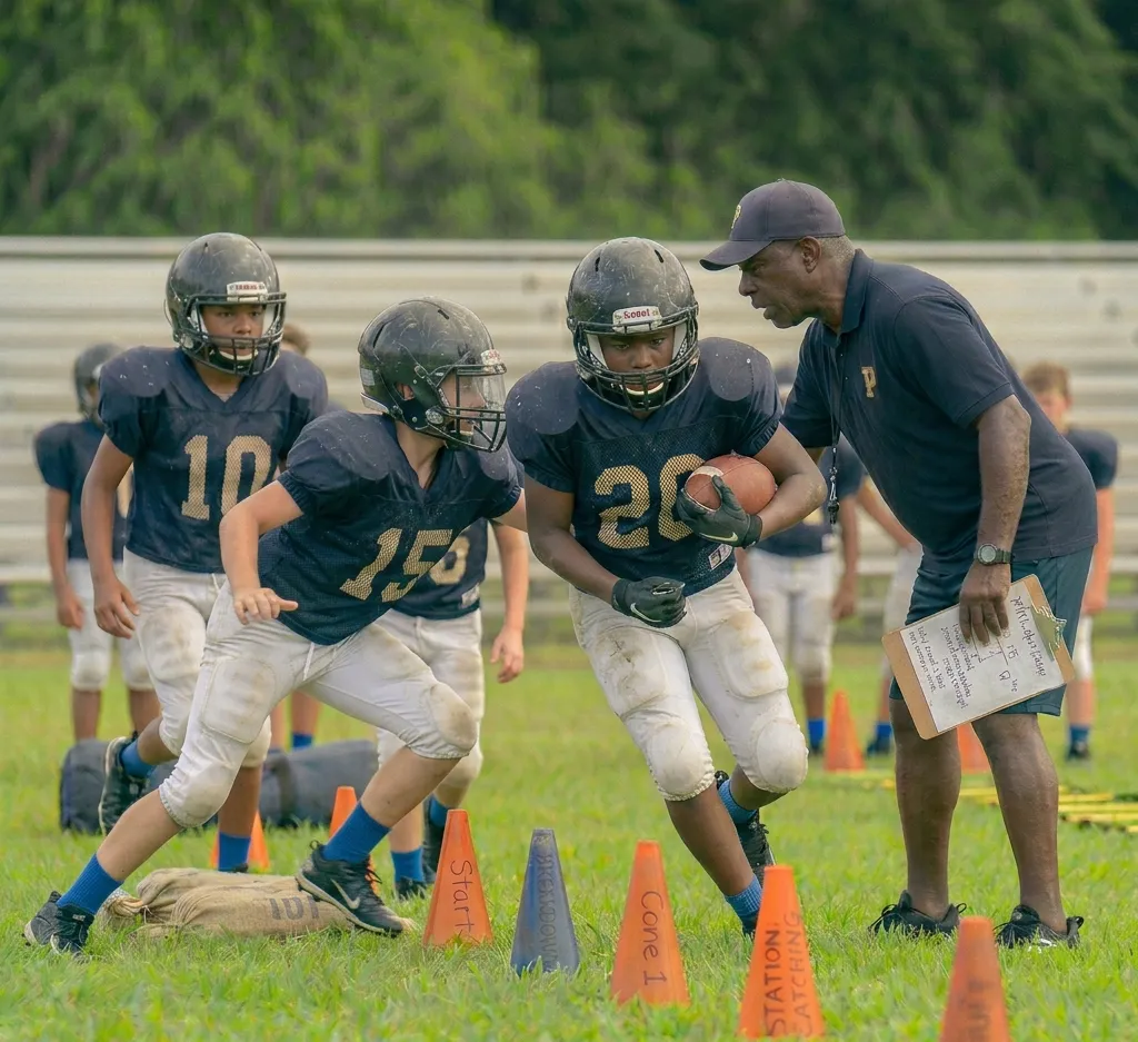 youth football shimmy breakdown drill showing control before tackle