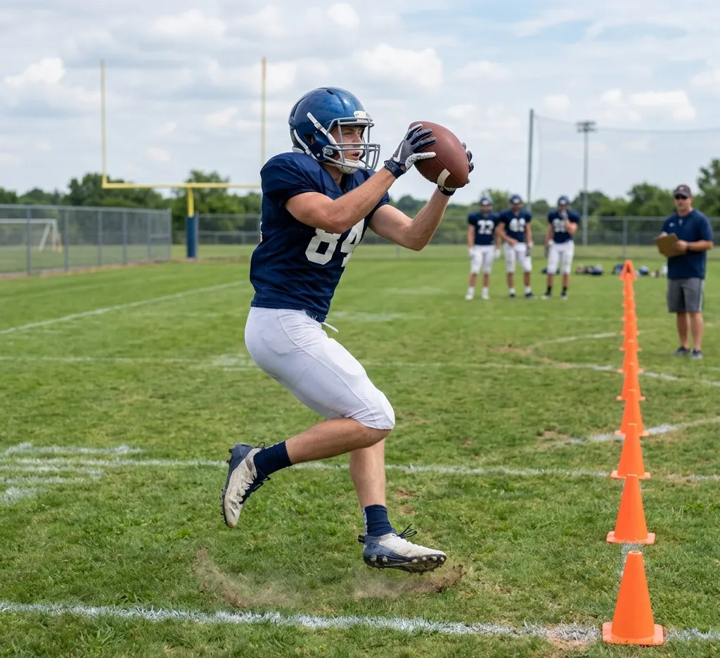 wide receiver sideline toe tap drill catching football in bounds