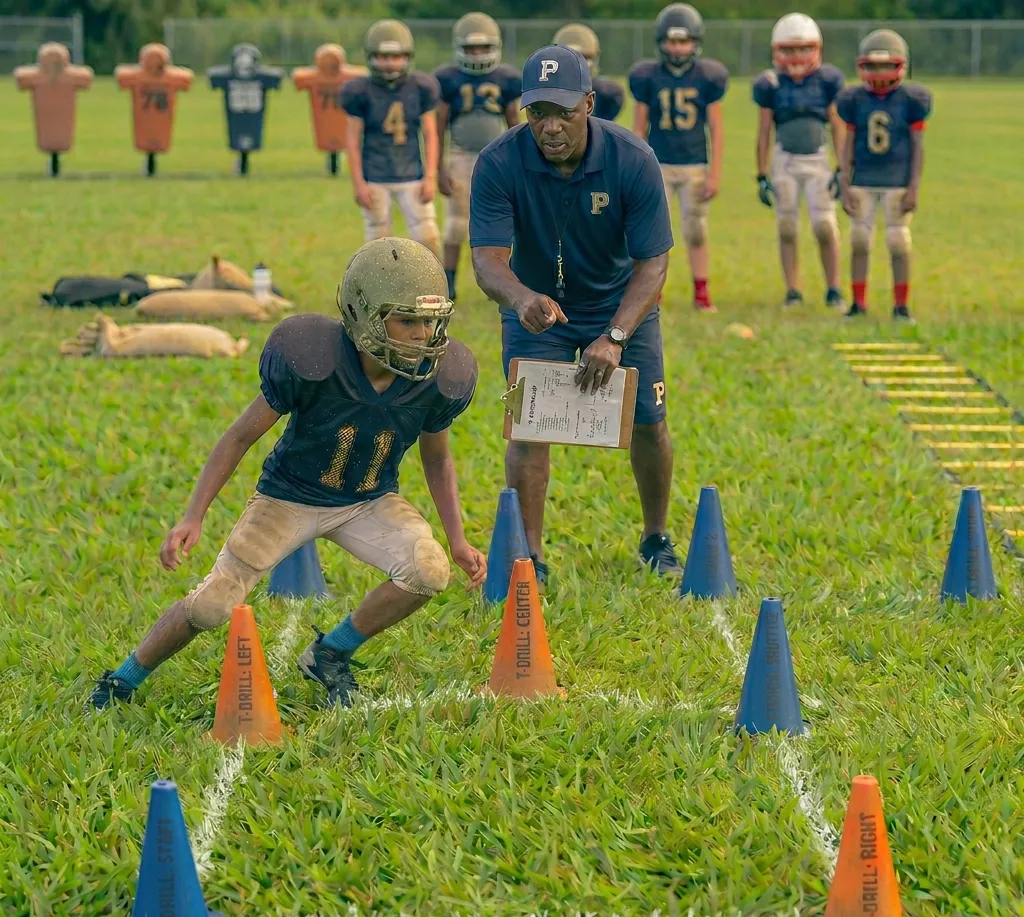 top view of football player sprinting in T drill cone setup