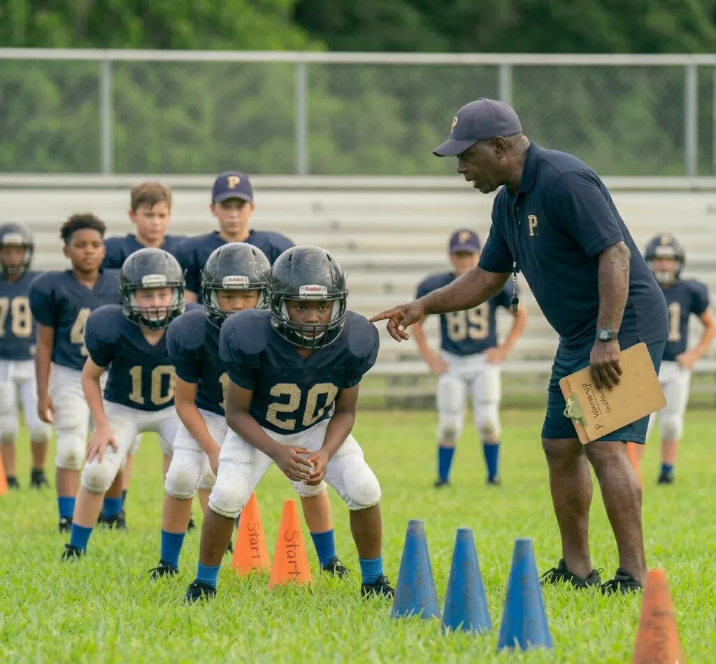 youth football tackling position drill with proper stance and head up