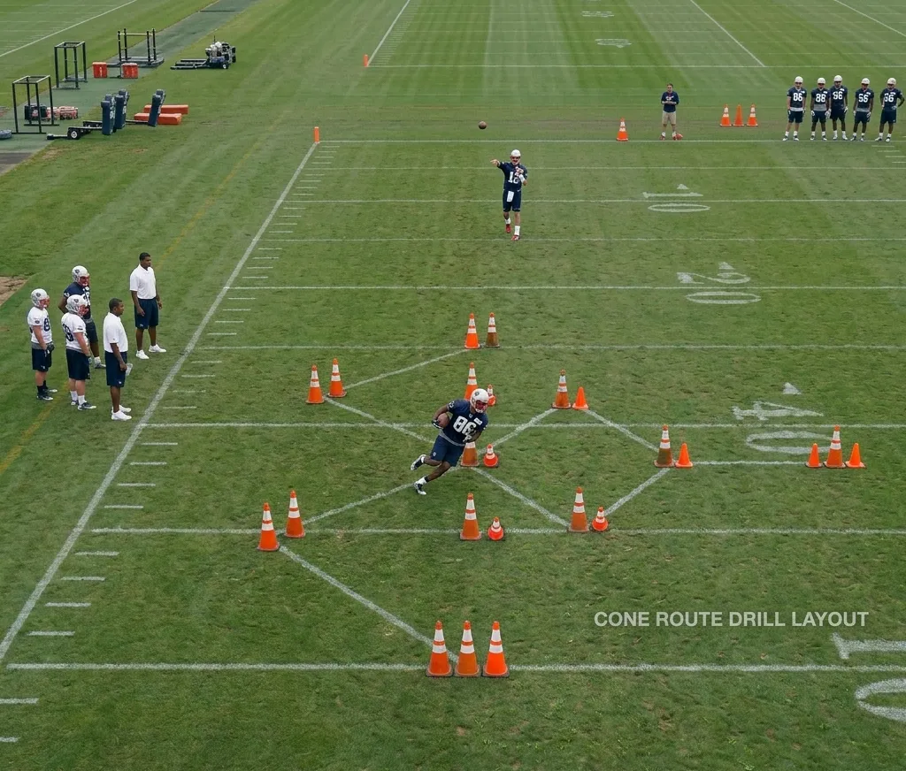 wide receiver cone route drill aerial view