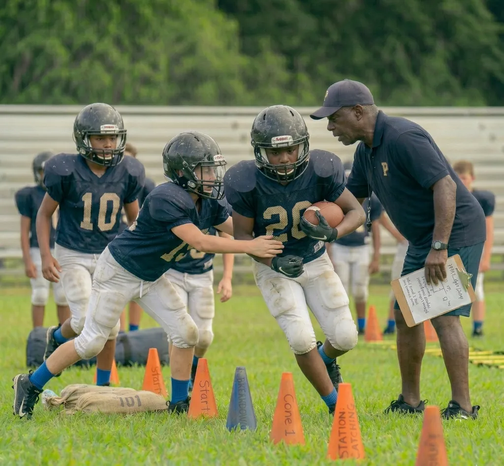 youth football live tackling drill during controlled scrimmage